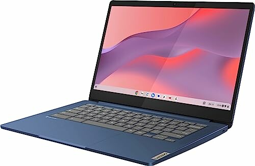 Open blue laptop displaying a colorful screen