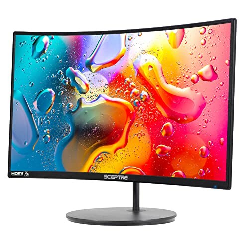 Curved monitor displaying colorful abstract design