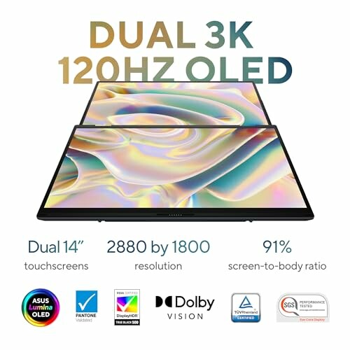 Dual 14-inch 3K 120Hz OLED touchscreen displays with 2880x1800 resolution and 91% screen-to-body ratio.