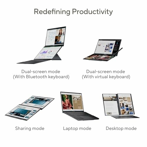 Four modes of a dual-screen laptop: Bluetooth keyboard, virtual keyboard, sharing, and desktop.