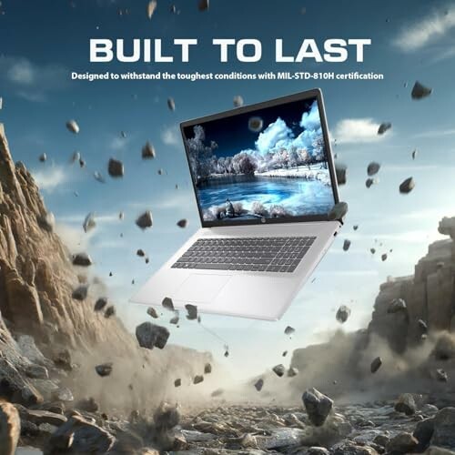 Rugged laptop in rocky landscape, MIL-STD-810H certified.