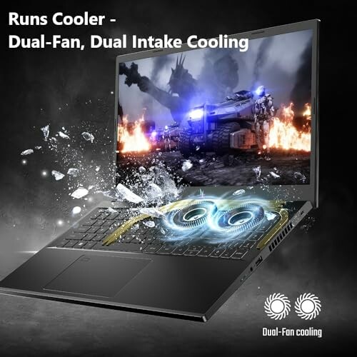 Gaming laptop with dual-fan cooling and intense graphics display.