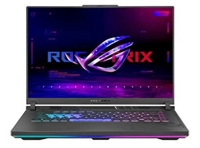 ROG Strix gaming laptop with illuminated keyboard and logo on screen