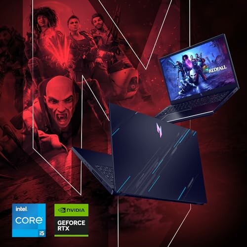 Two gaming laptops with Redfall game graphics and Intel Core i5, NVIDIA GeForce RTX logos.