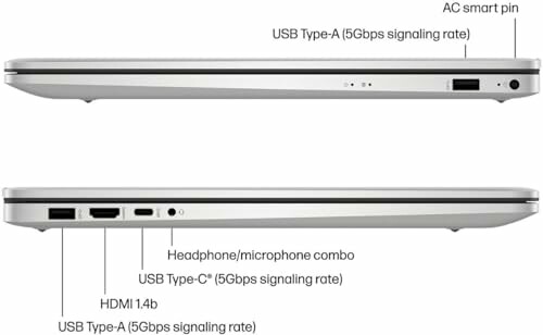 Laptop side view showing USB, HDMI, and audio ports.