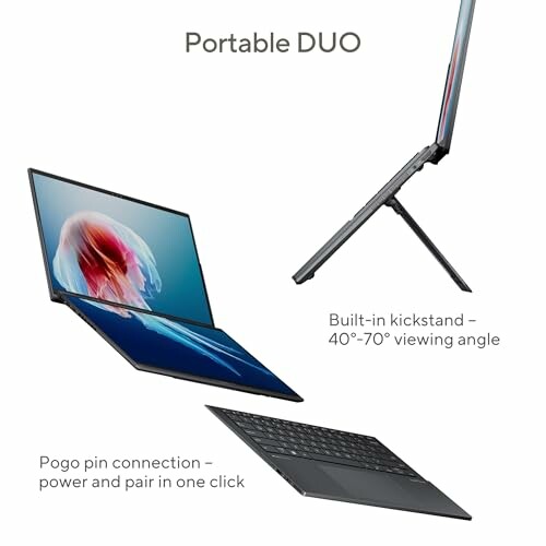 Portable DUO laptop with built-in kickstand and pogo pin connection.