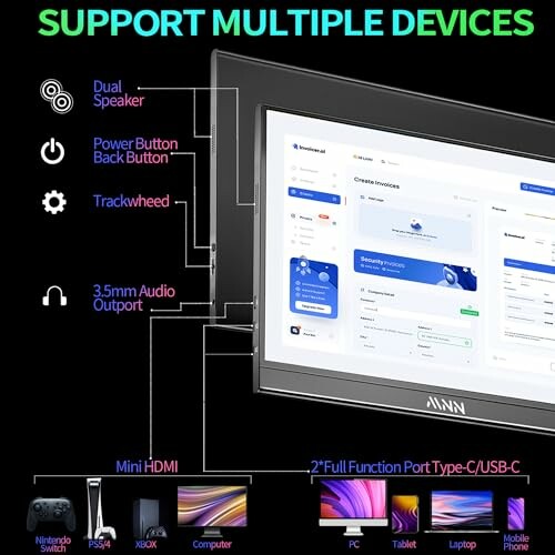 Portable monitor showing compatibility with multiple devices, including gaming consoles and computers.