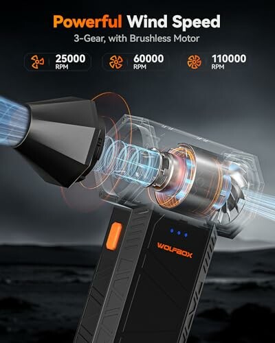 Handheld vacuum with 3-speed brushless motor, showing internal components and RPM details.