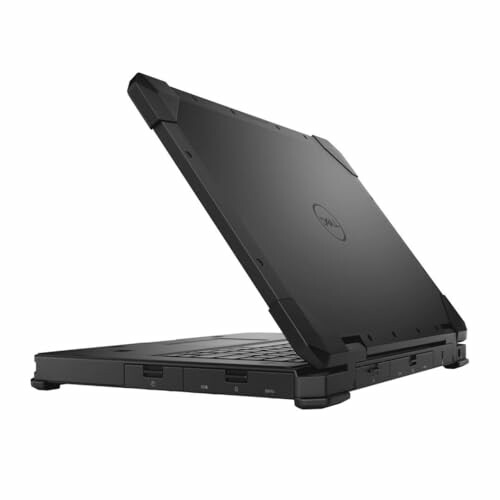 Rugged laptop with partially open lid, side view