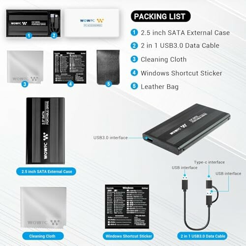 SATA external case packing list with accessories