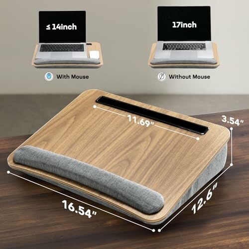 Wooden lap desk with cushion, fits laptops up to 17 inches.